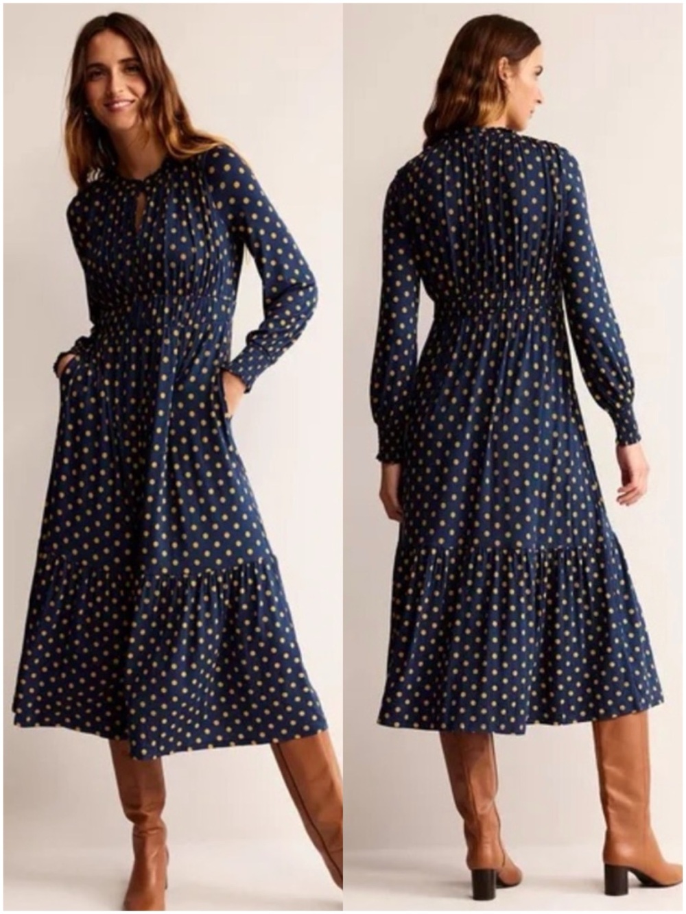 BODEN Rosanna Long Sleeve Ruched Tea Dress French Navy Spot Polka Dots Medium 10